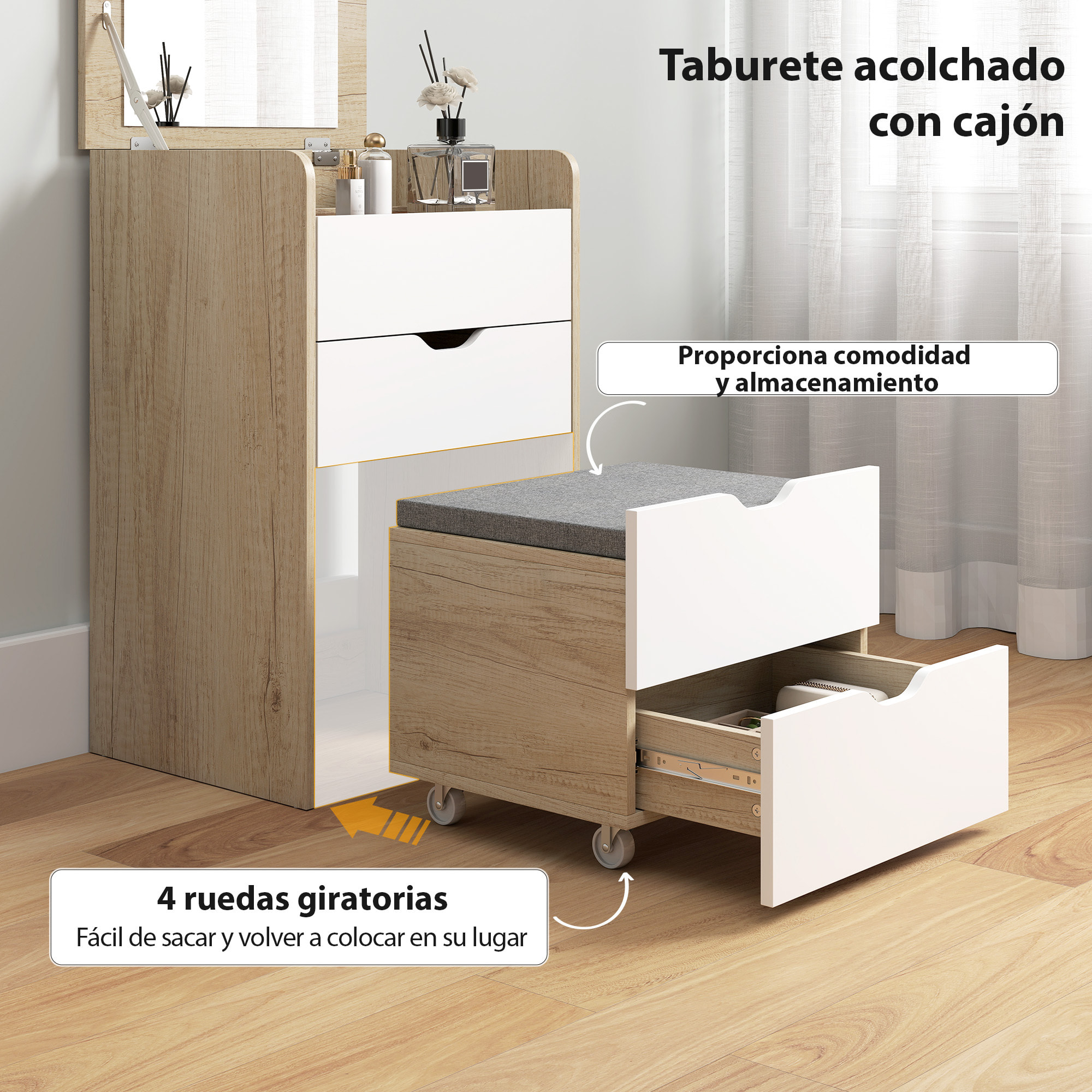 Tocador de Maquillaje 3 en 1 con Taburete Oculto y Espejo Abatible, Mesa de Maquillaje de Vidrio Visible con 3 Cajones y Taburete Acolchado, para Espacios Reducidos, Vestidor, Roble y Blanco