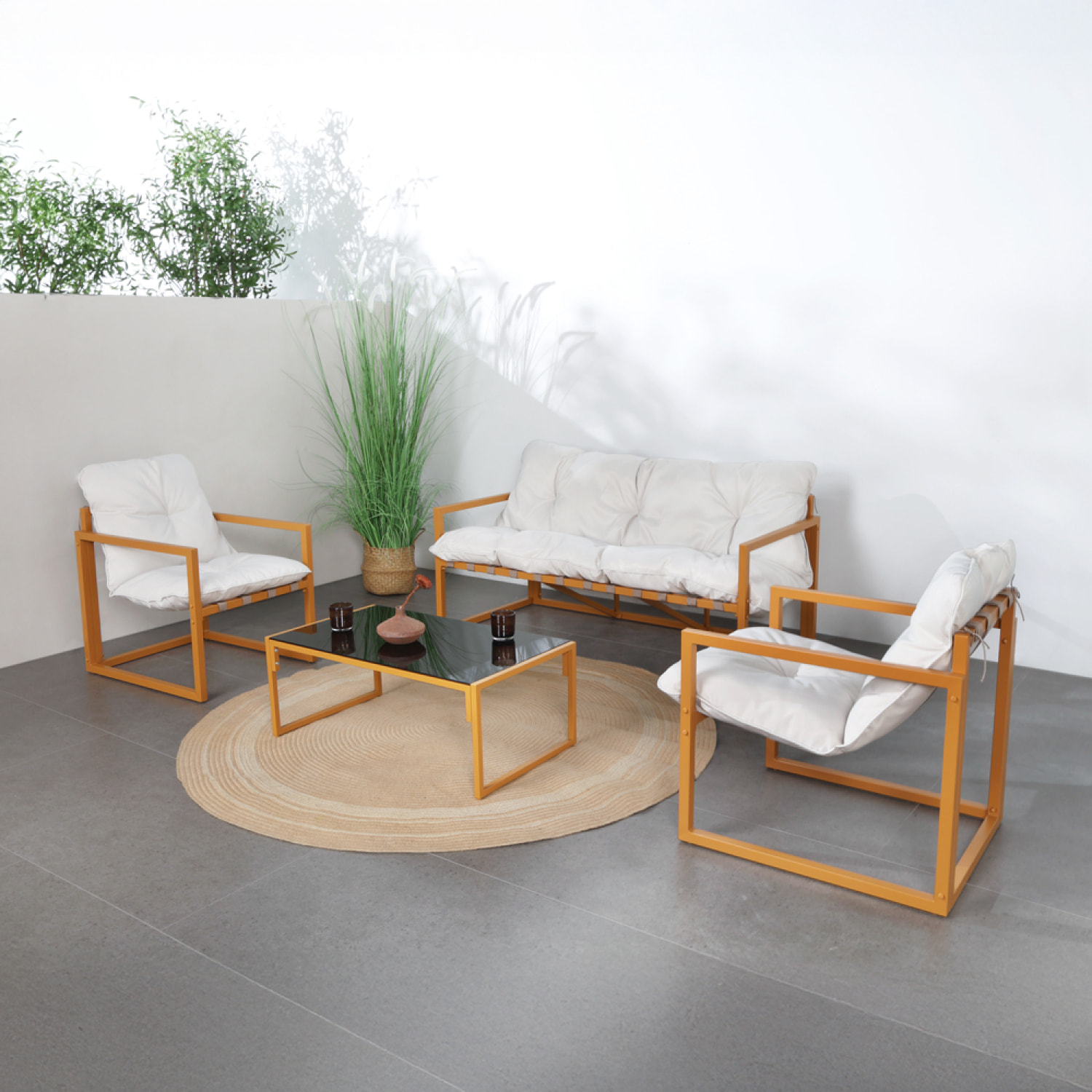 LANA Salon de jardin 5 places contemporain marron et coussins beiges