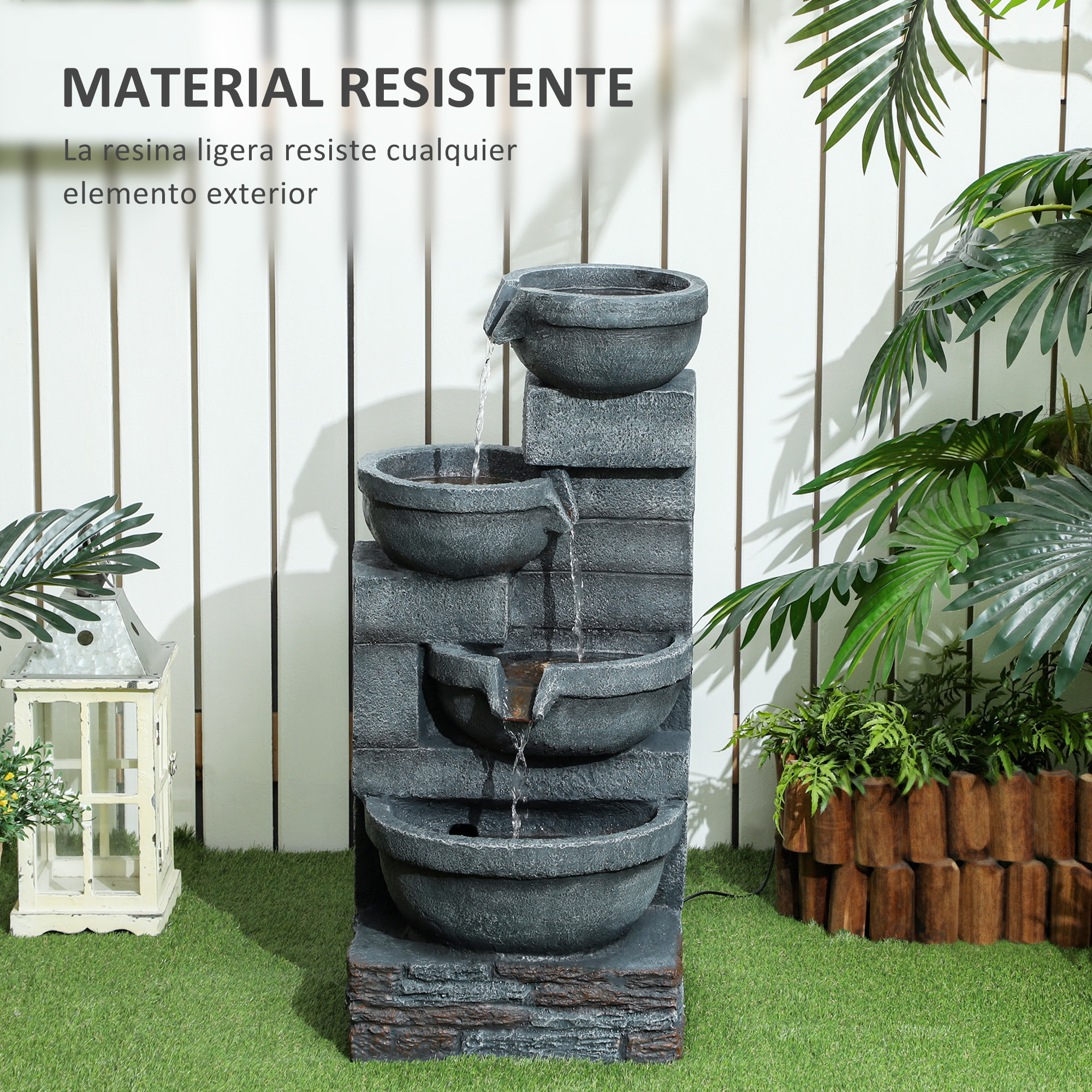 Fuente de Agua Fuente de Jardín con Iluminación LED Fuente Decorativa en Cascada de 4 Niveles para Jardín Patio Terraza 38x35x78,5 cm Gris