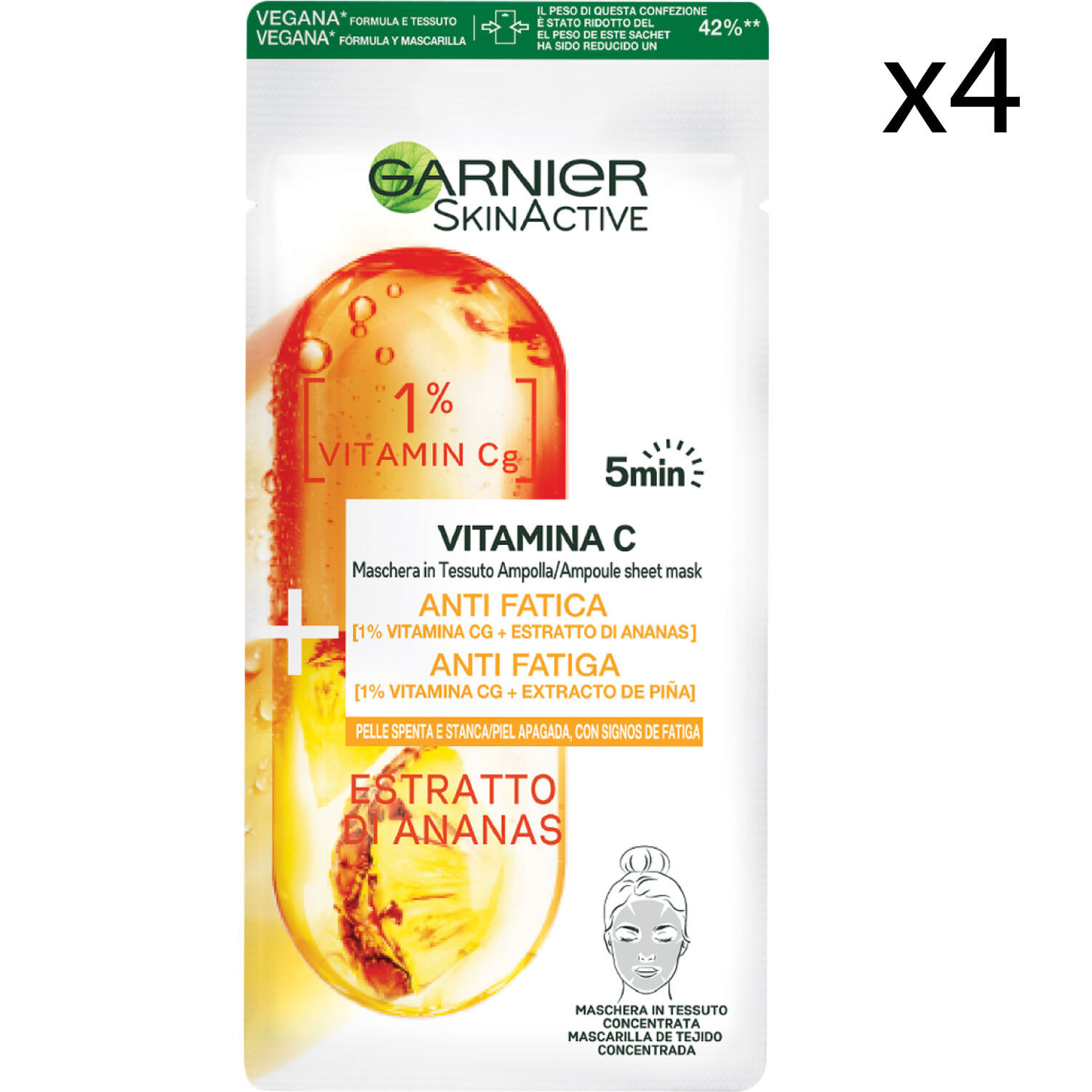 4x Maschera Viso Anti Fatica in Tessuto Ampolla SkinActive Vitamina C ed Estratto di Ananas