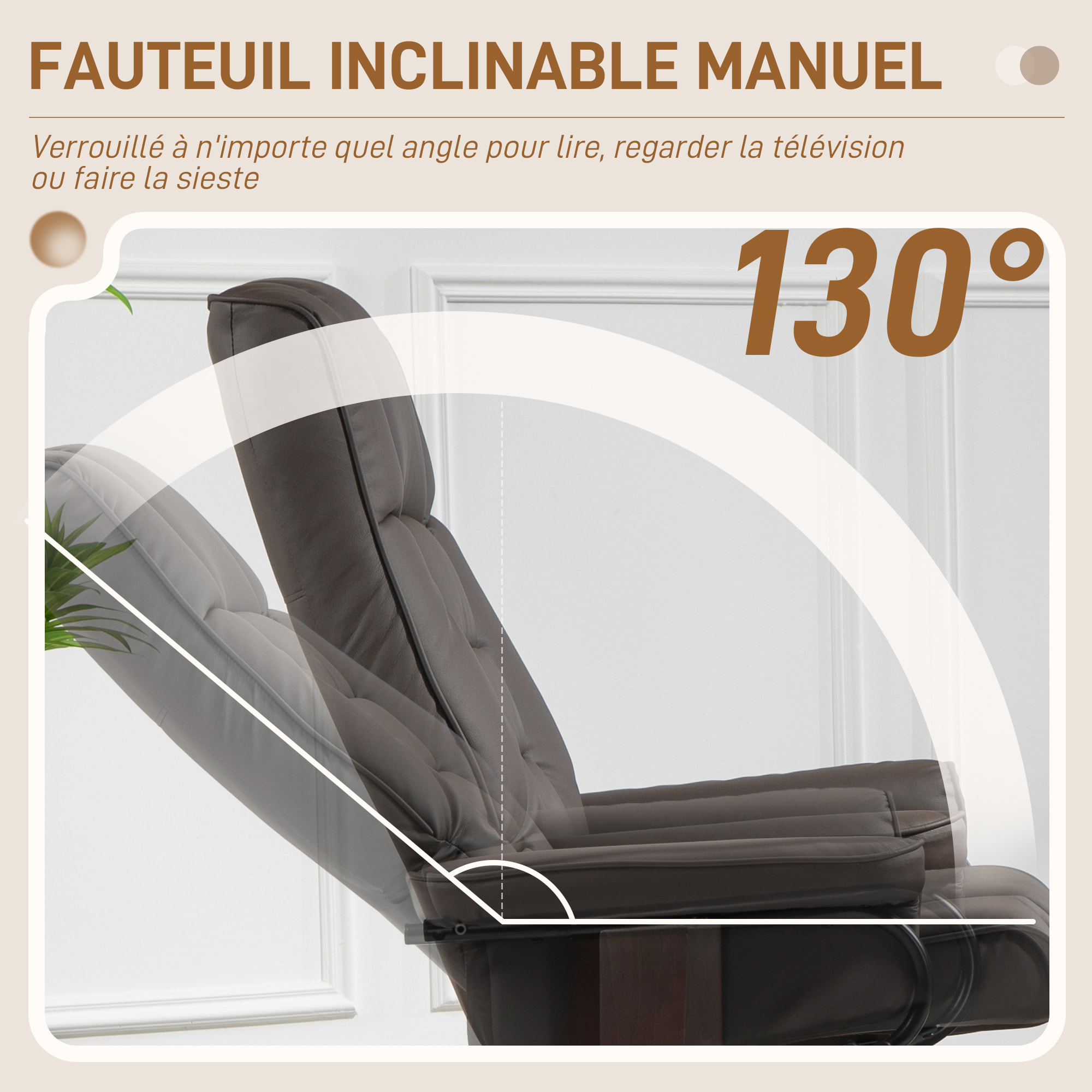 Fauteuil relax inclinable pivotant réglable avec repose-pied bois revêtement synthétique chocolat