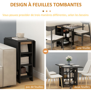 Table à manger pliable - roulettes, 2 abattants, 3 étagères - dim. 120L x 60l x 75H cm - noir