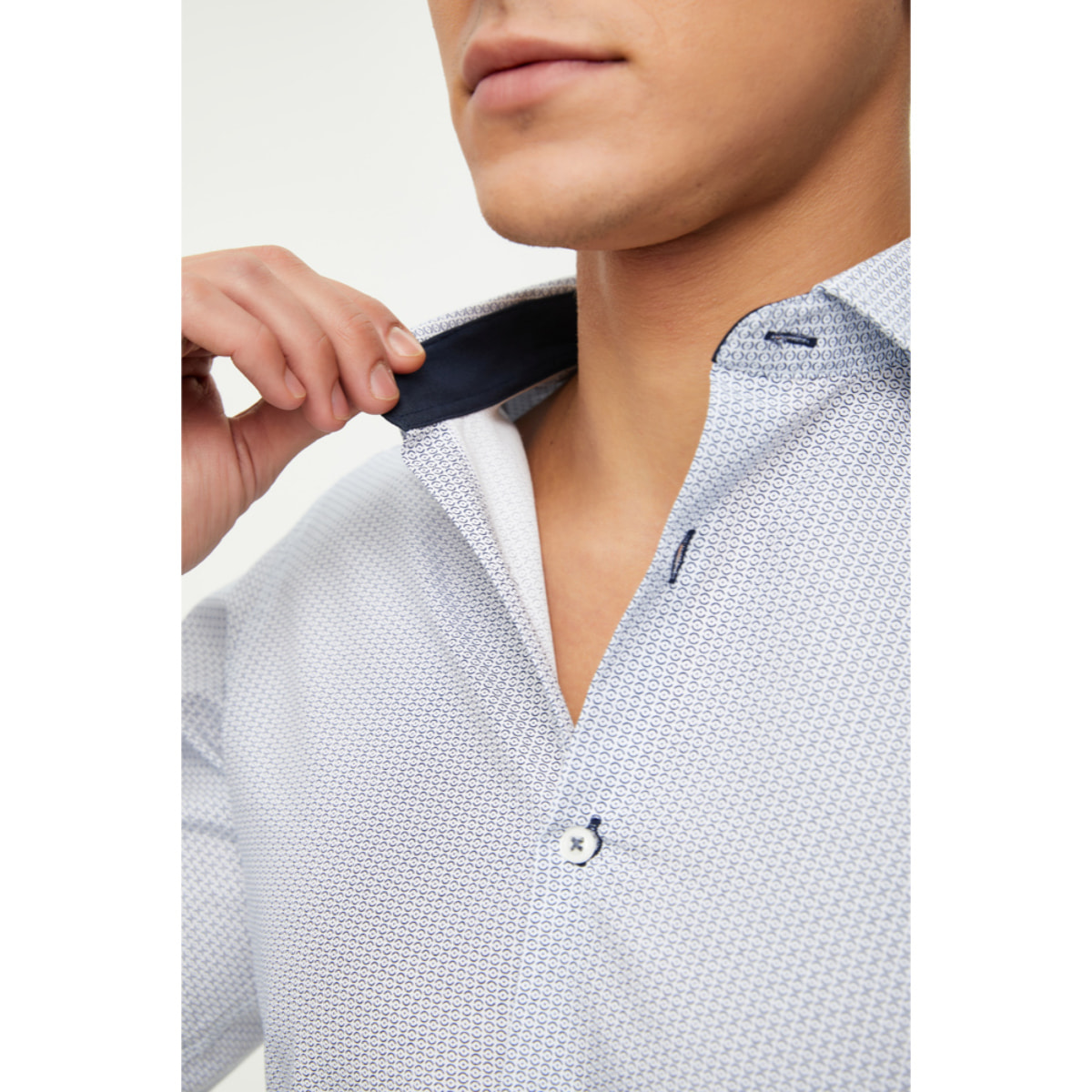 Camicia Uomo 1 Bottone Francese Slim Cotone Poliestere Stampato Bianco/Nero