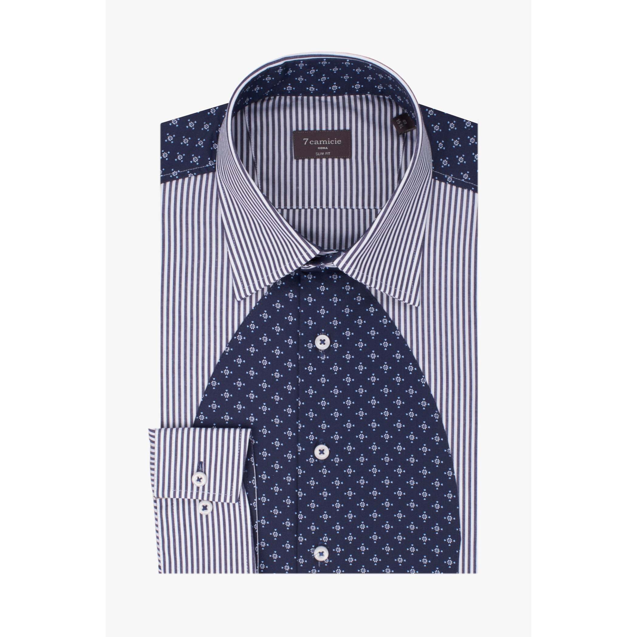 Camicia Uomo Bottone Italiano Slim Popeline Riga Larga Bianco e Blu
