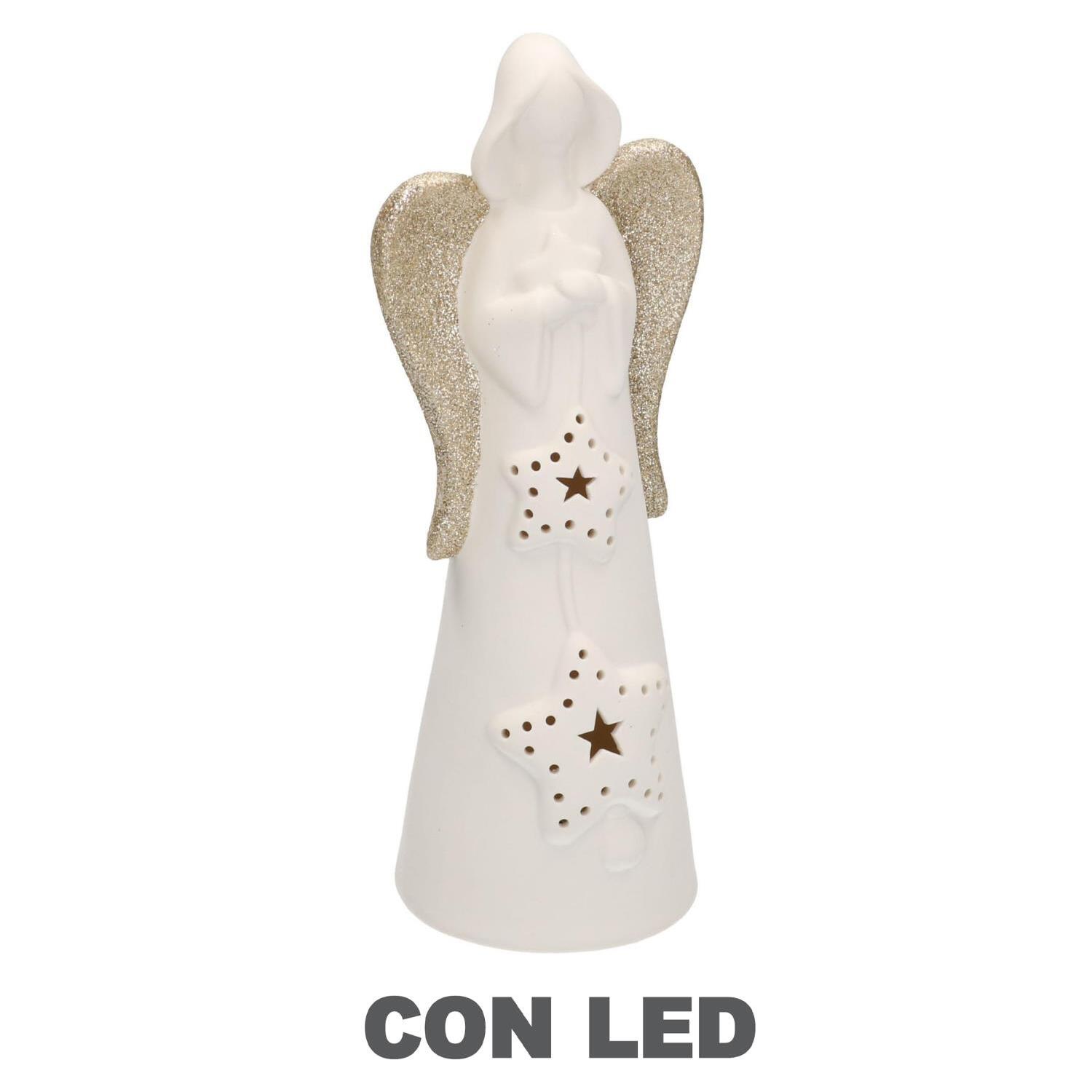 Angelo in ceramica bianco oro con led ø10,5h27,5