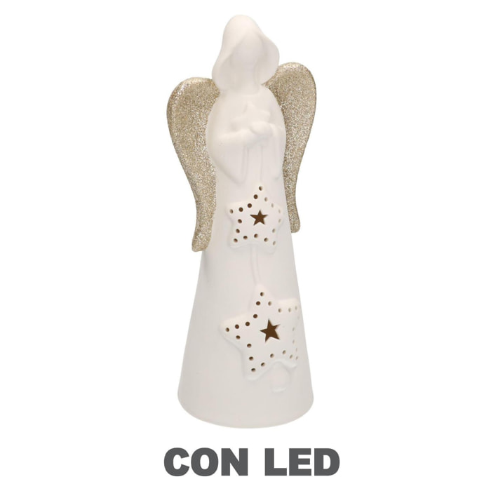 Angelo in ceramica bianco oro con led ø10,5h27,5