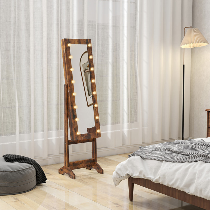 Armoire à bijoux sur pieds avec miroir multi-rangement éclairage LED effet bois vieilli