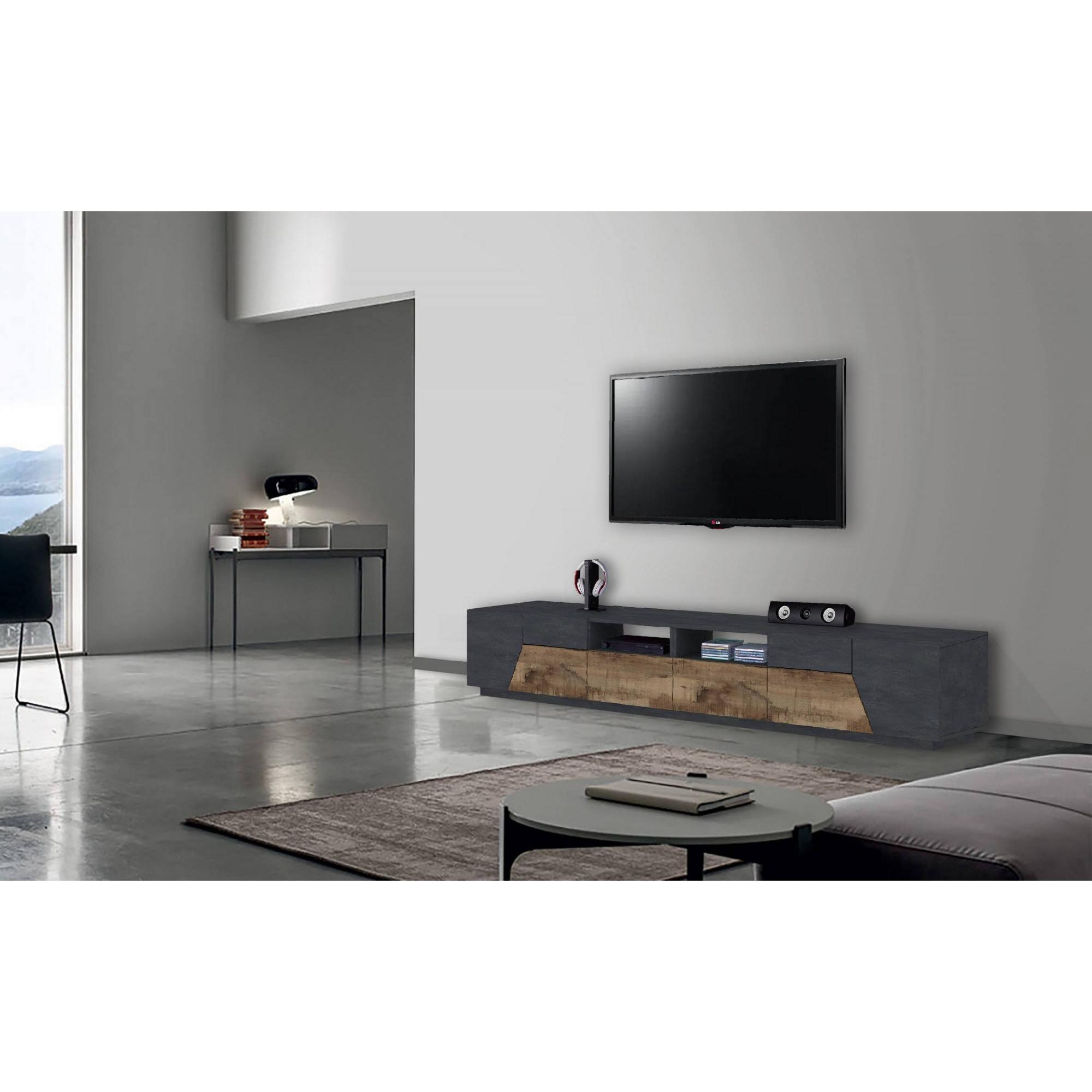 Mobile da soggiorno Porta TV, Made in Italy, Supporto per TV da salotto a 4 ante geometriche e 2 cassetti, Cm 260x43h46, Ardesia e Acero