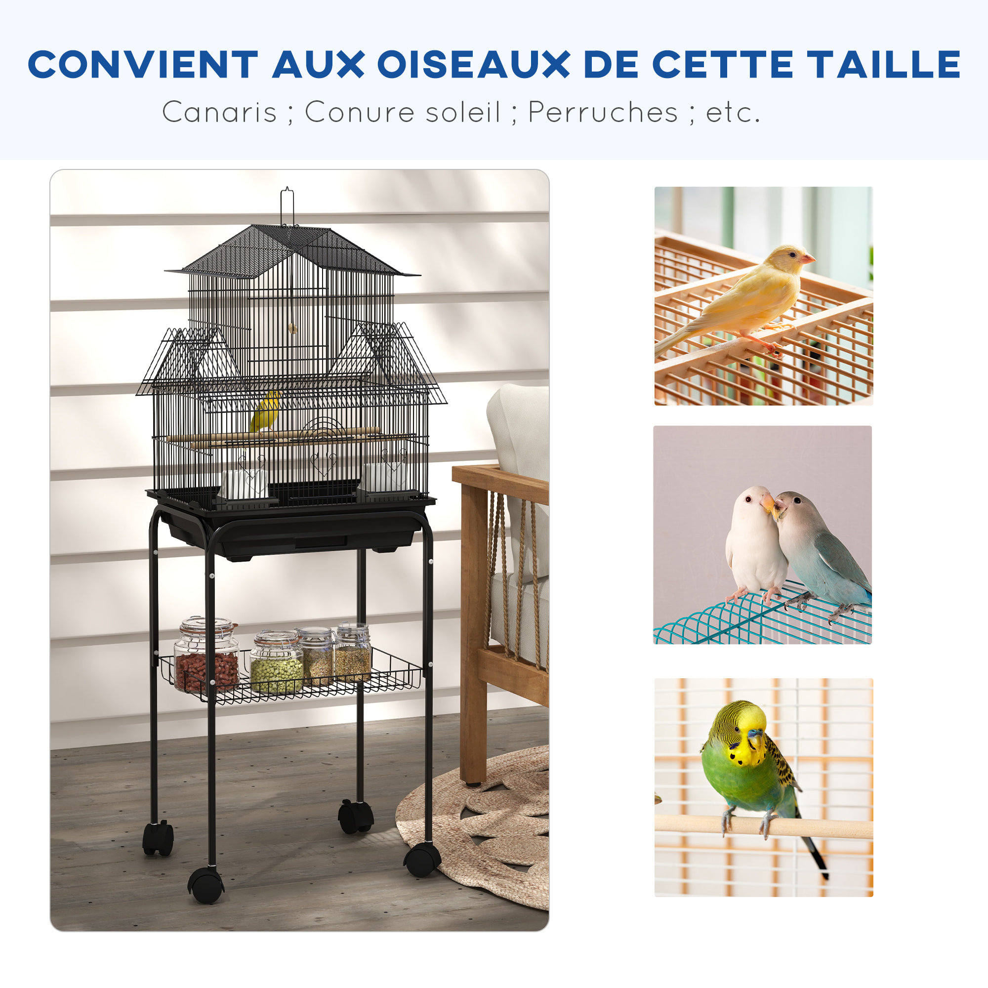 Cage à oiseaux design maison mangeoires perchoirs 3 portes plateau excrément amovible noir