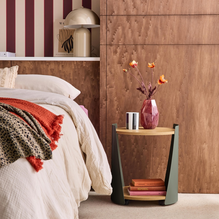 Table d'appoint, table de chevet métal courbé et décor bois avec roulettes MOLTO