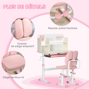 Ensemble bureau chaise enfant hauteur réglable plateau inclinable nombreux rangements blanc rose effet bois clair