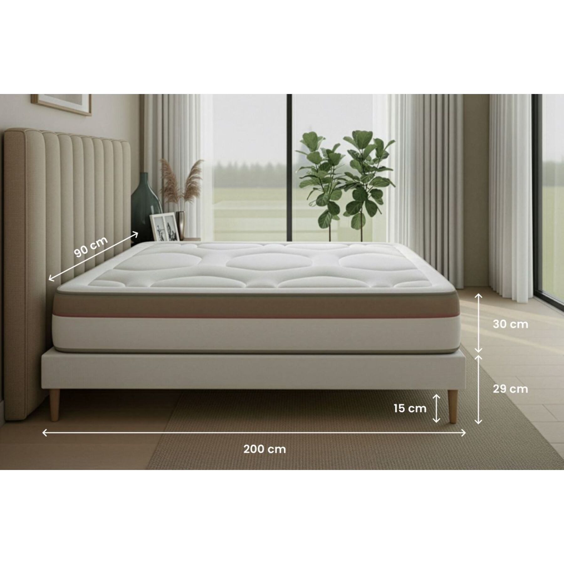Ensemble - Matelas Mémoire de forme 30cm d'épaisseur - 7 zones de confort - Confort ferme - Sommier tapissier monobloc - 1 place