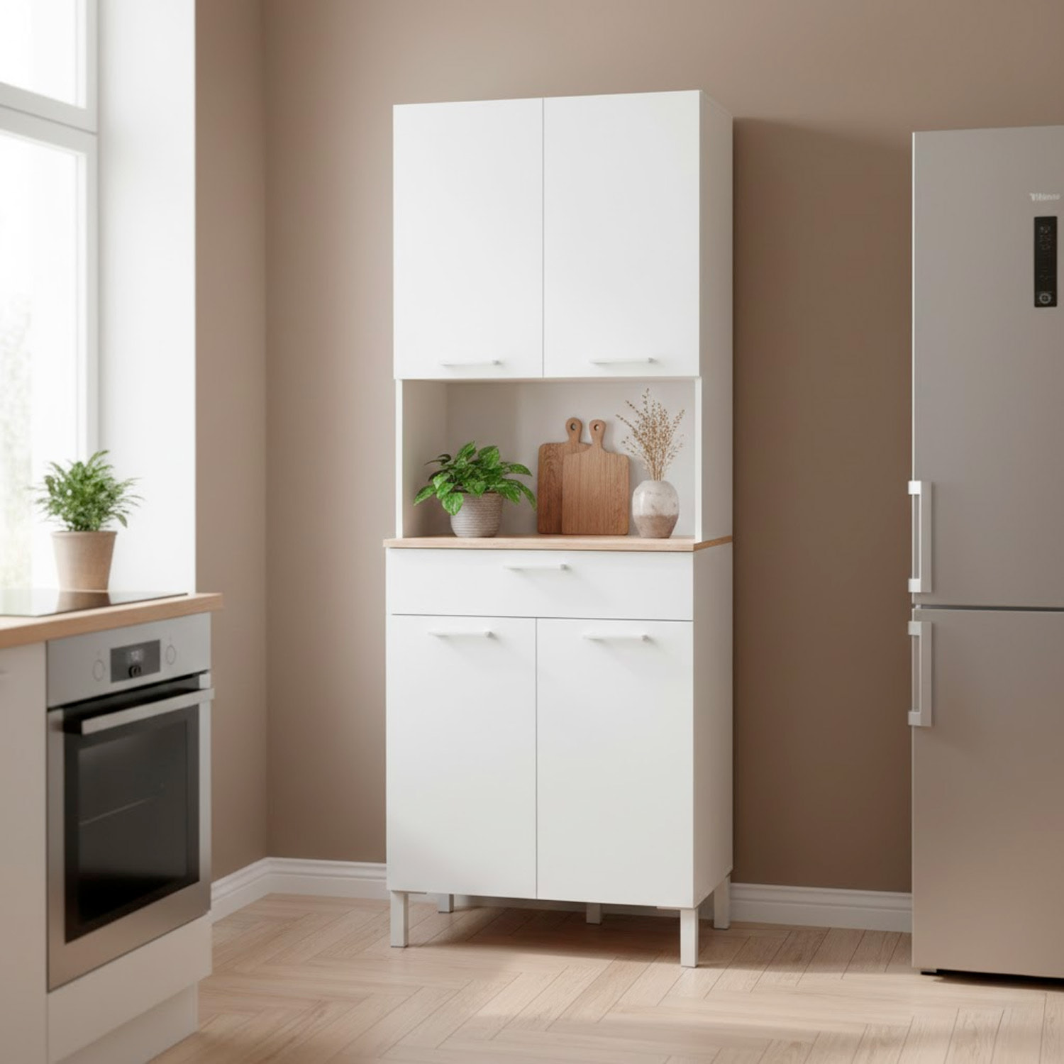 Mobile Ausiliario Da Cucina Mobiletto Con Vano Microonde Credenza Alta con 4 Ante e 1 Cassetto Madia Dispensa 186 x 72 x 40 Cm Bianco E Rovere
