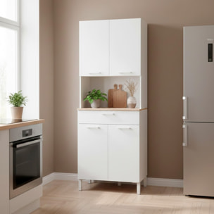 Mobile Ausiliario Da Cucina Mobiletto Con Vano Microonde Credenza Alta con 4 Ante e 1 Cassetto Madia Dispensa 186 x 72 x 40 Cm Bianco E Rovere