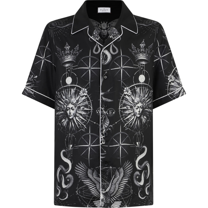 PHILIPP PLEIN Silk Bowling Shirt All-Over Tattoo