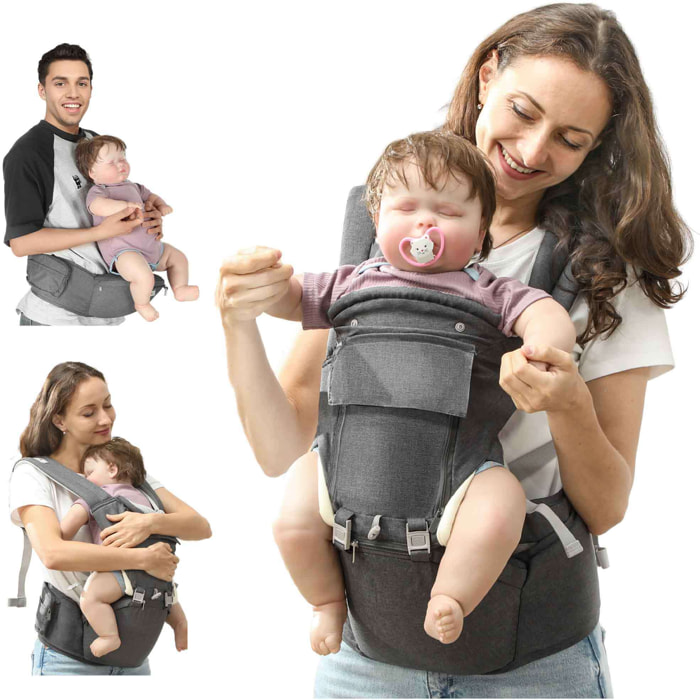 Mochila Portabebés de Recién Nacido hasta 36 Meses Portabebés con Asiento Extraíble Cinturón Ajustable y Bolsillo de Almacenamiento Carga 15 kg Gris