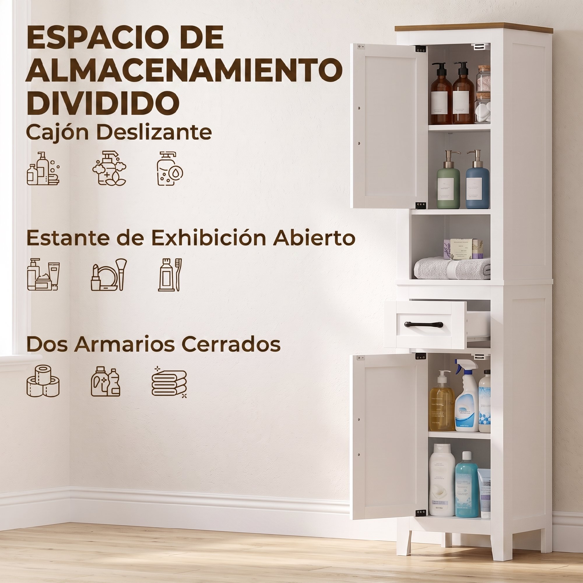 HOMCOM Armario de Baño Alto, Mueble de Baño Estrecho con Cajón, Estante Abierto, Puertas y Estantes Ajustables, Estilo Rústico, 34,5x30x148 cm, Blanco