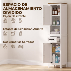 HOMCOM Armario de Baño Alto, Mueble de Baño Estrecho con Cajón, Estante Abierto, Puertas y Estantes Ajustables, Estilo Rústico, 34,5x30x148 cm, Blanco