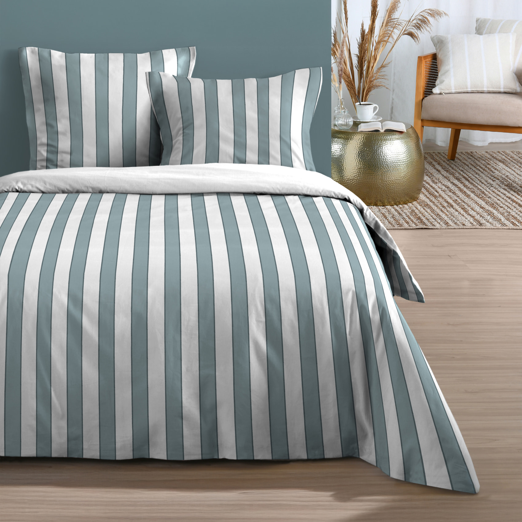 Parure de lit 3 pièces en coton imprimé rayures housse + taies - Bleu