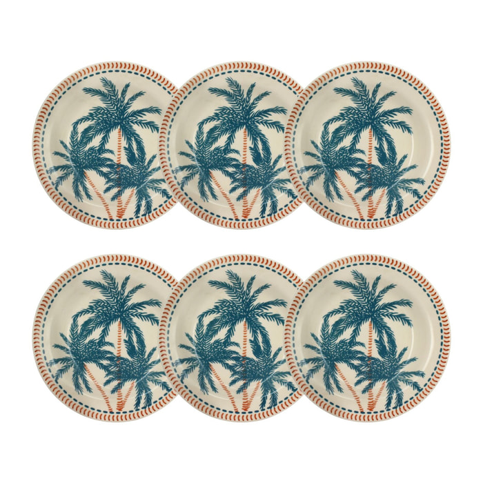 Lot de 6 assiettes creuses dessin tropical en grès 21,5cm TROPIQUE