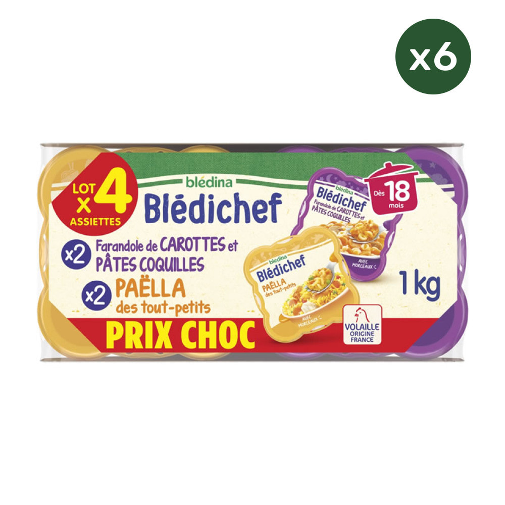 6x2 Paëlla des tout-petits 6x2 Farandoles de Carottes et Pâtes coquilles - Bledina Bledichef - Dès 18 mois