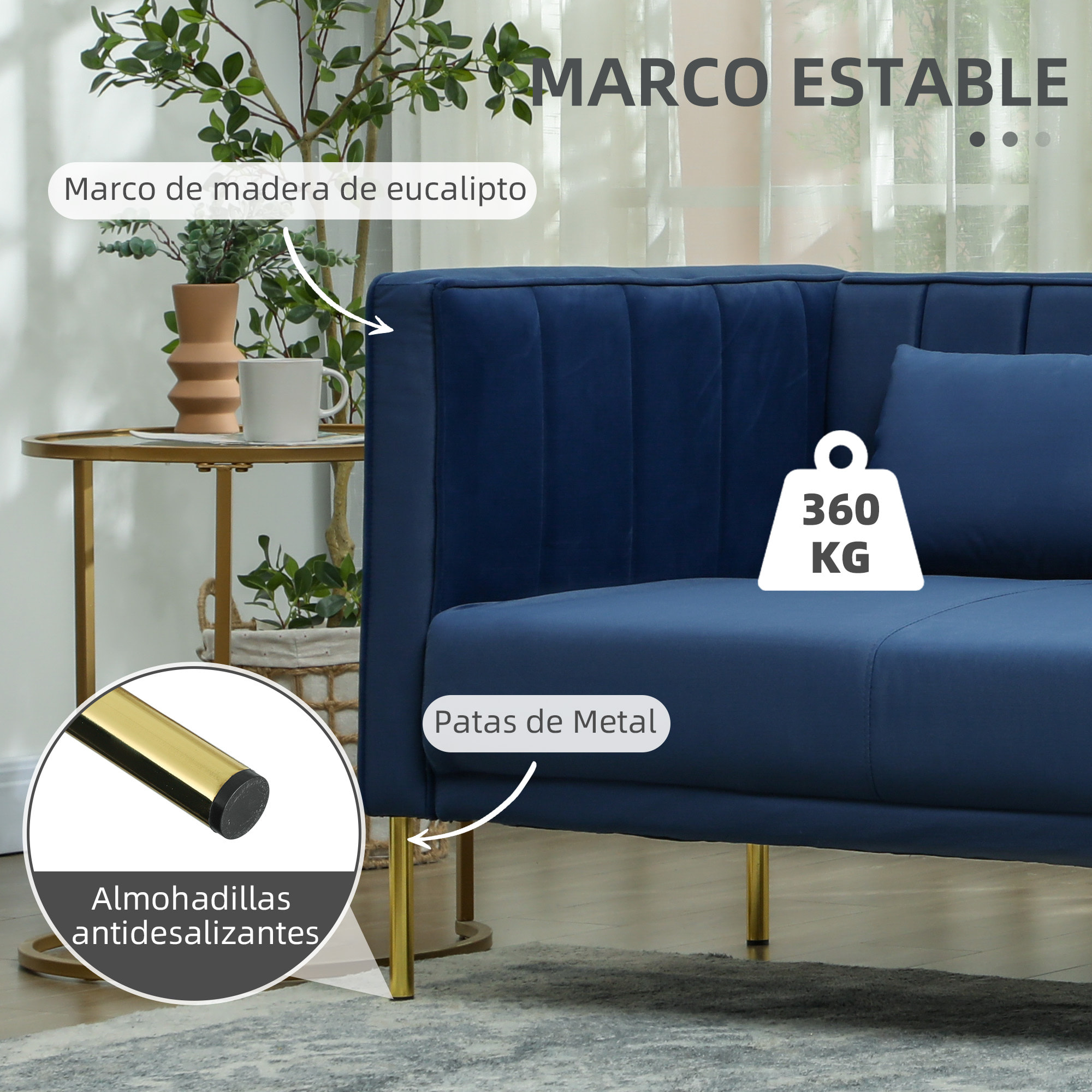 Sofá de 3 Plazas Sofá de Salón de 194,5 cm Tapizado en Terciopelo con 2 Almohadas Reposabrazos y Patas Doradas para Sala de Estar Azul Marino