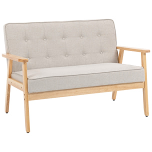 Sofá de 2 Plazas, Tapizado en Lino Sintético, Sofá Nórdico con Patas y Reposabrazos de Madera de Caucho, Respaldo Acolchado, para Salón, Dormitorio, Oficina, Sala de Estar, 113x67x78 cm, Beige
