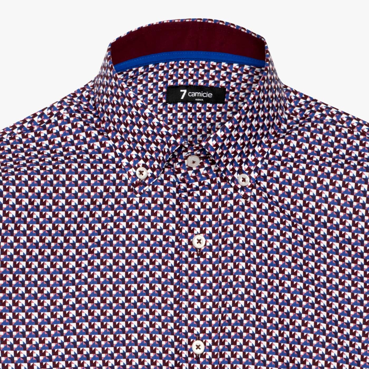 camicia uomo 1 bottone button down slim Popeline Stampato Bordeaux/Blu