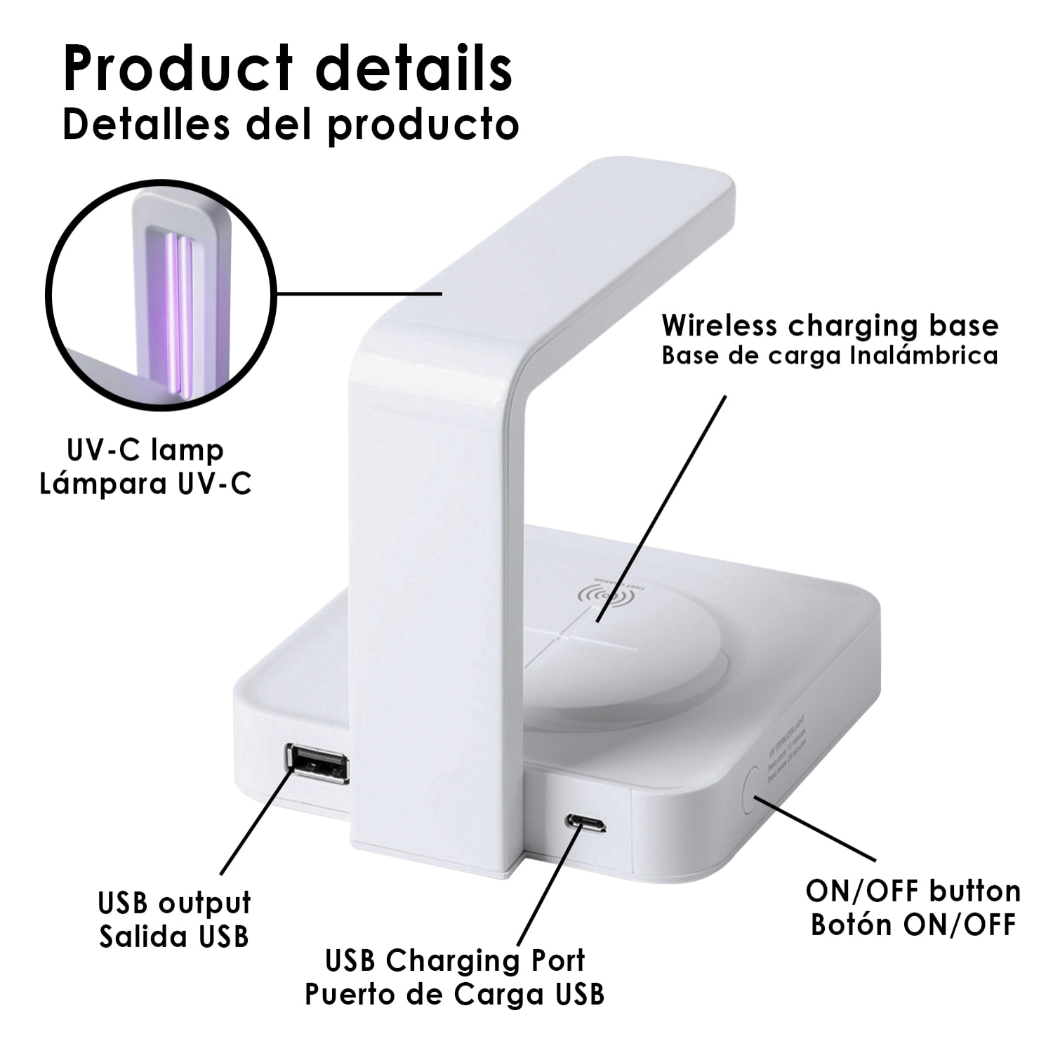 Lampada sterilizzatrice Blay a luce ultravioletta di tipo C con caricatore wireless integrato per smartphone.