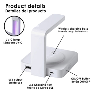 Lampada sterilizzatrice Blay a luce ultravioletta di tipo C con caricatore wireless integrato per smartphone.