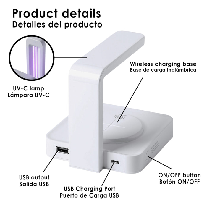 Lampada sterilizzatrice Blay a luce ultravioletta di tipo C con caricatore wireless integrato per smartphone.