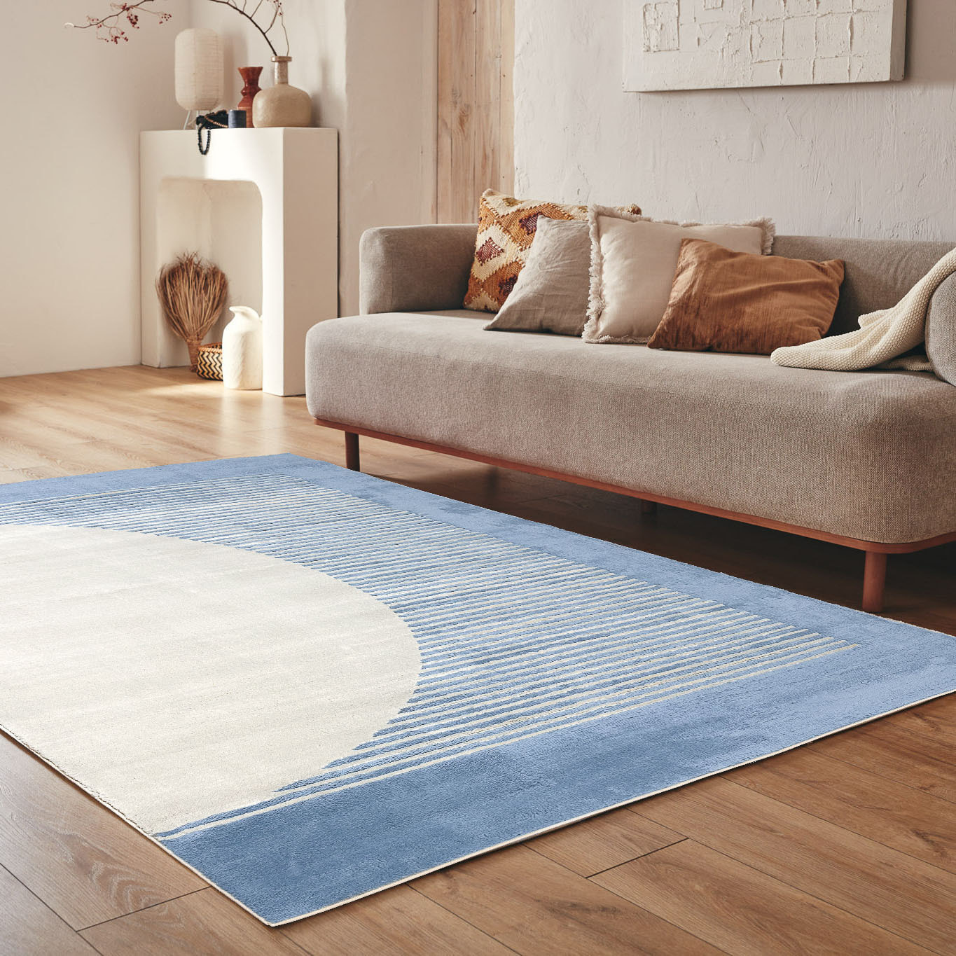 NELY - Tapis de salon à poils ras motif arc - Bleu