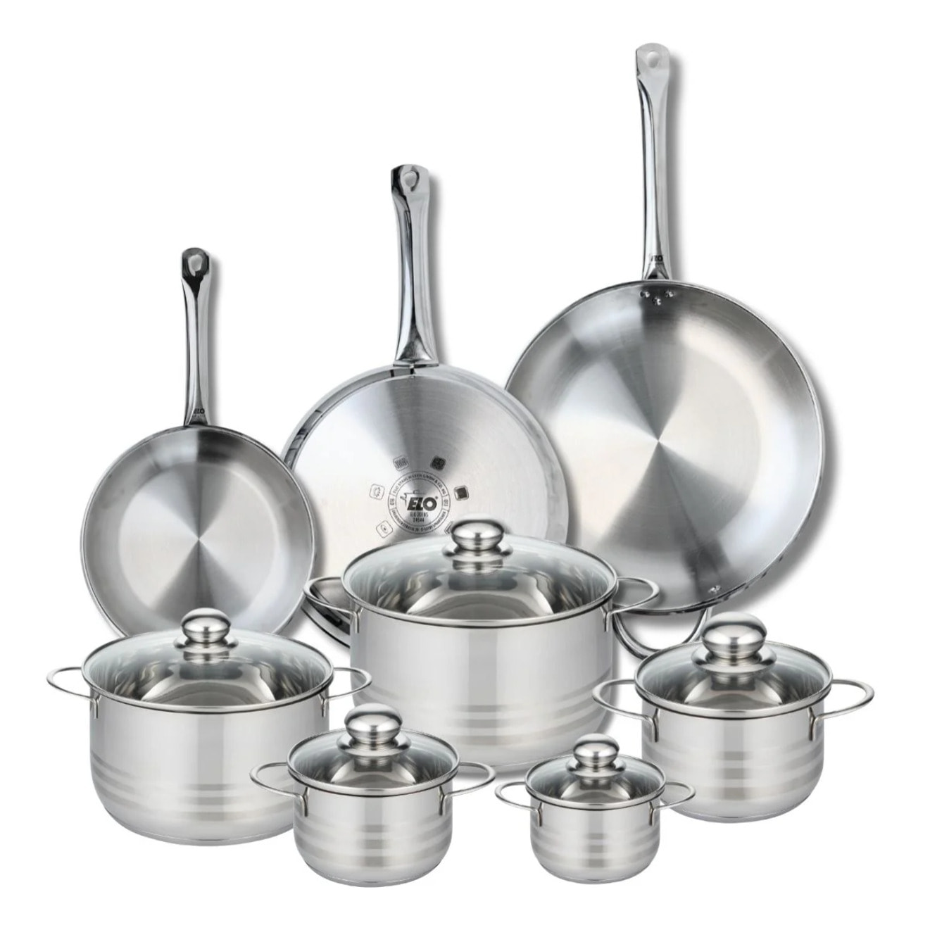 Ensemble de 3 Poêles de cuisson 24, 28 et 32 cm et 5 faitouts 12, 14, 16, 20 et 24 cm Elo Profi Brillant