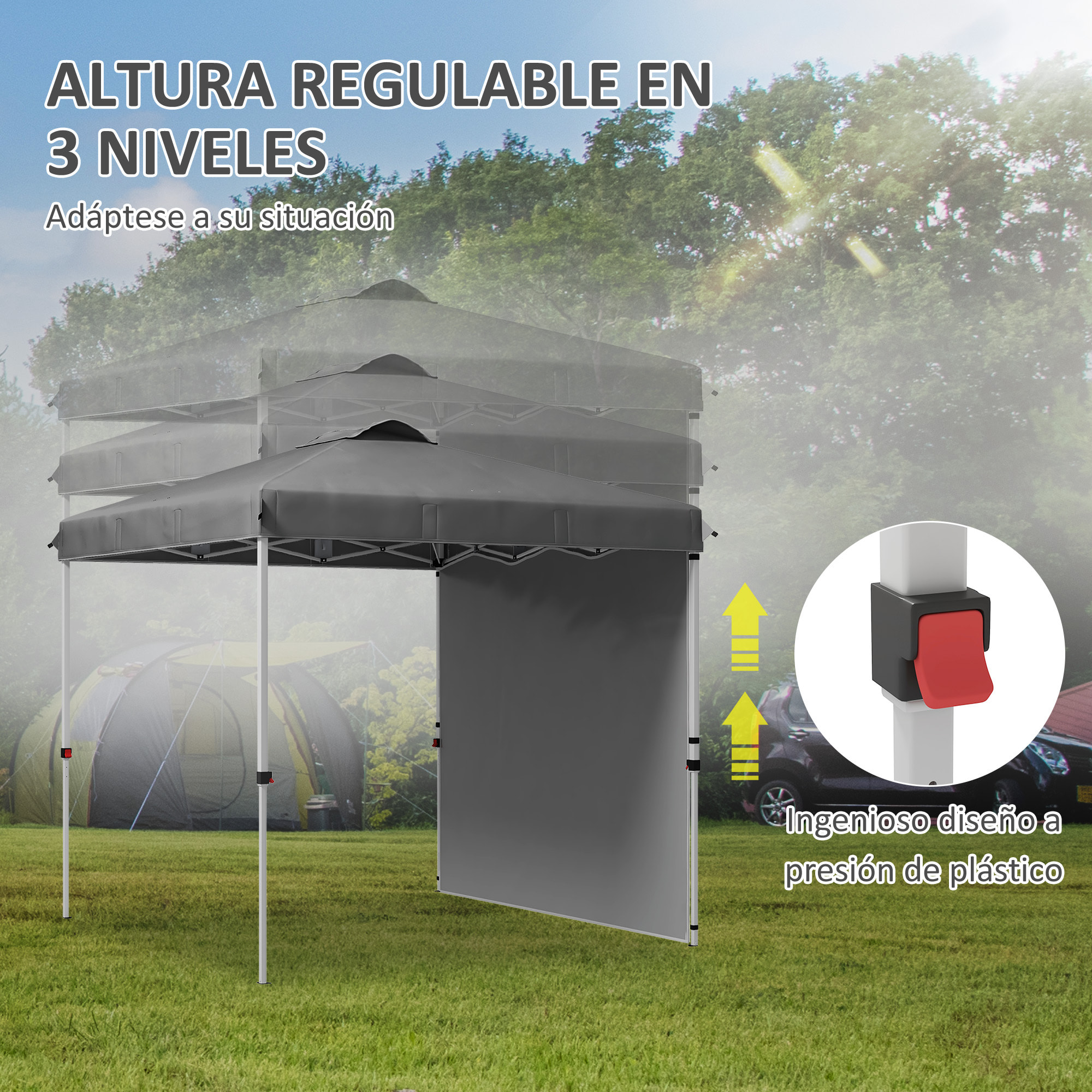 Carpa Plegable 2,5x2,5 m Cenador de Jardín con 1 Pared Lateral Altura Ajustable en 3 Niveles Anti-UV Impermeable y Bolsa de Arena para Camping Fiestas Gris Oscuro