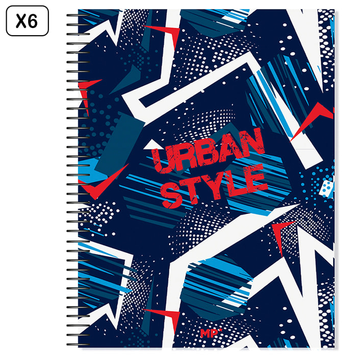 PACK 6 UNIDADES CUADERNO EXTRADURA A4 120 HOJAS CUADRICULA DISEÑO URBAN STYLE
