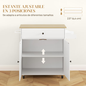 Isla de Cocina con Ala Abatible Carrito de Cocina Mueble Auxiliar de Cocina con Ruedas 2 Puertas Cajón Especiero Toallero y Estante Ajustable 106x42x87 cm Blanco y Roble