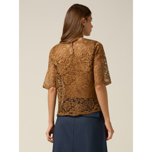 Oltre - Blusa in pizzo con maniche al gomito - Marrone