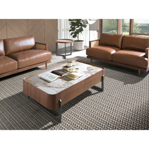 Mesa centro rectangular en madera chapada en nogal natural y tapa de mármol porcelánico blanco con vetas en tonos tierra en brillo 140x75x40cm