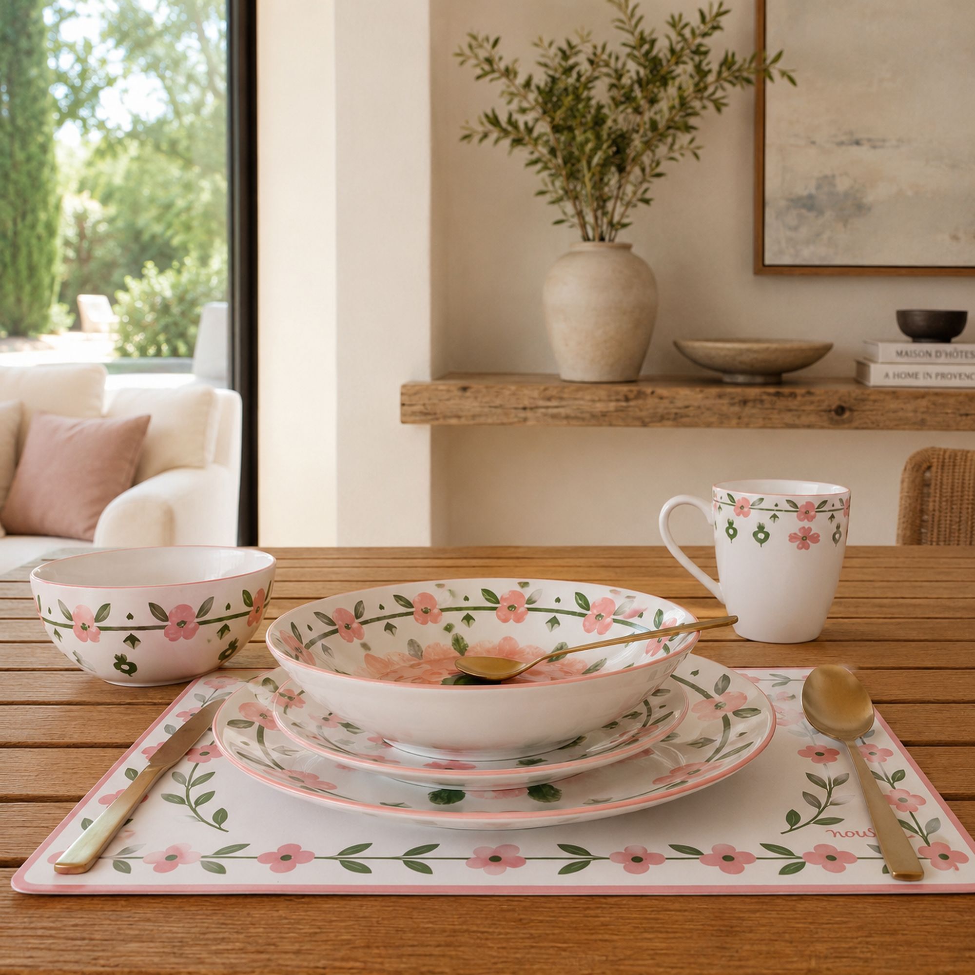 Lot de 6 bols 60cl en porcelaine blanc et rose floral PRIMAVERA
