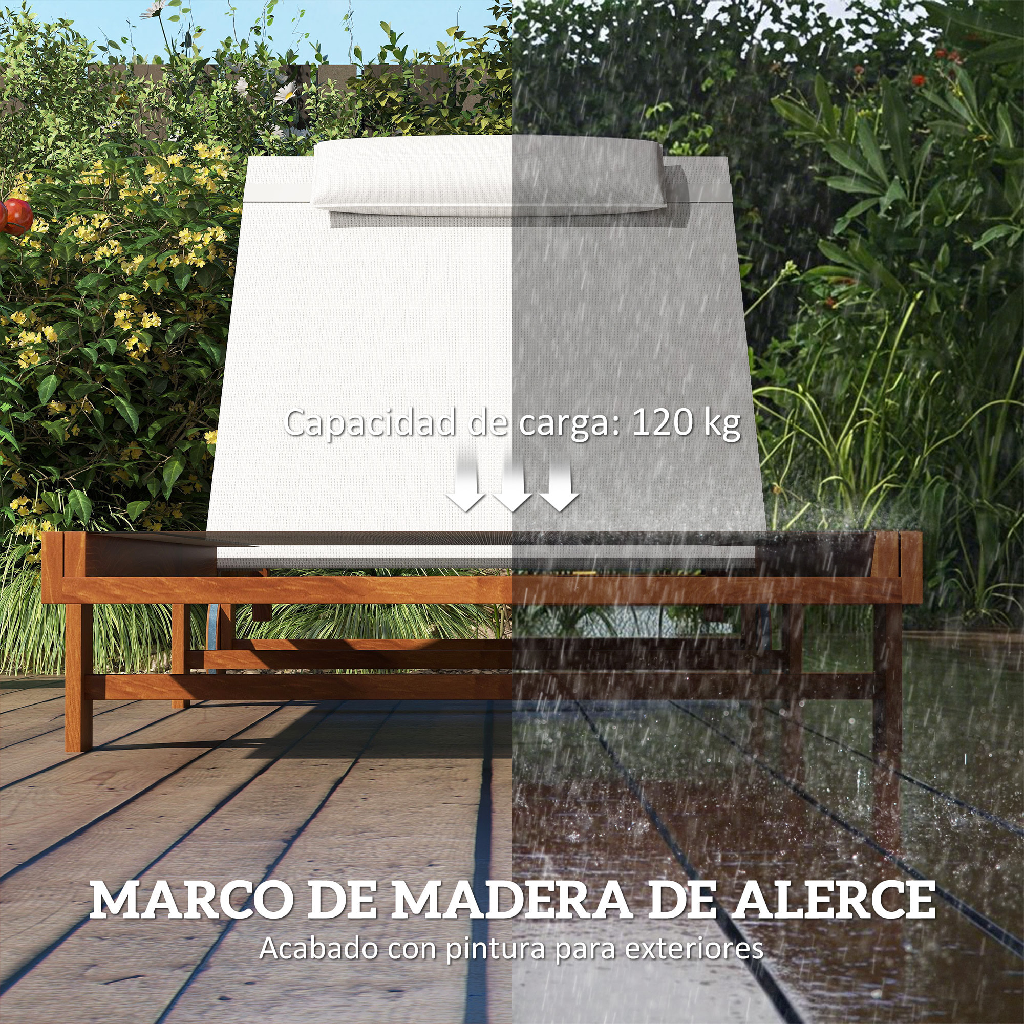 Tumbona Reclinable de Madera con Ruedas Tumbona Jardín Exterior con Respaldo Ajustable en 4 Niveles y Reposacabezas Carga 120 kg para Patio Terraza Balcón 200x84x101 cm Blanca y Teca