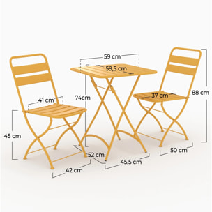 Table et chaises de jardin pliantes 2 personnes en métal jaune - Yumi