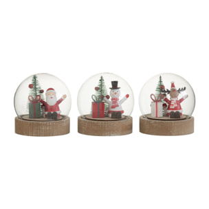 J-Line décoration cloche Père Noël/Renne/Bonhomme De Neige - bois/verre - mix - 3 pcs - LED