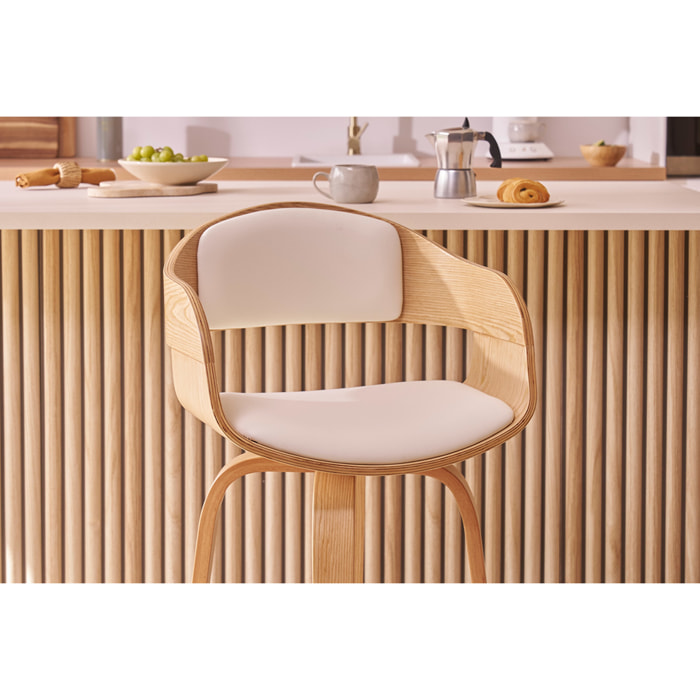 Tabouret de bar design pivotant blanc et bois clair H65 cm GAO