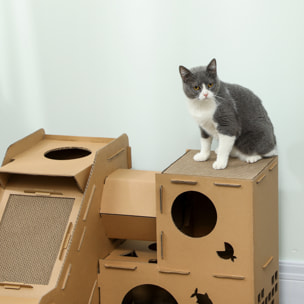 Casa para Gatos de Cartón, Forma Castillo, Rascador para Gatos de 2 Niveles con 3 Zonas de Rascado, Túnel, Rampa, Incluye Hierba, para Interior, Marrón