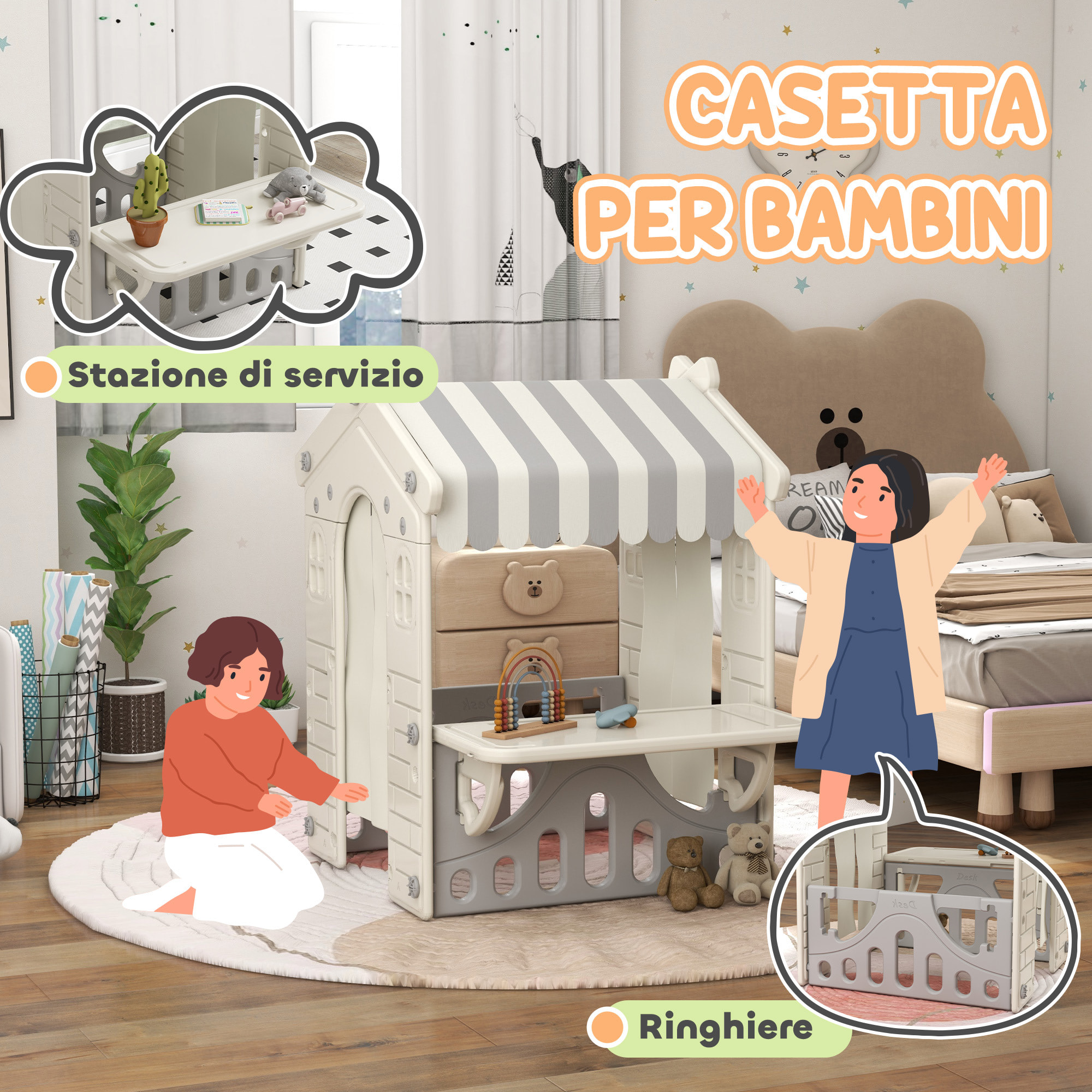 AIYAPLAY Casetta per Bambini 1-6 Anni da Interno con Porte, Finestre e Bancone da Negozio, Crema