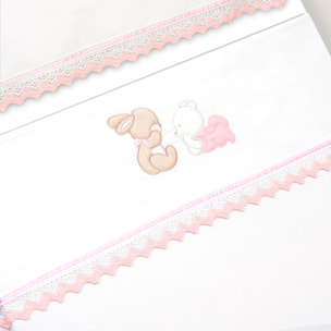 Triptico Cuna Guipur Oso Tumbado Conejito + Broche Bco/Rosa