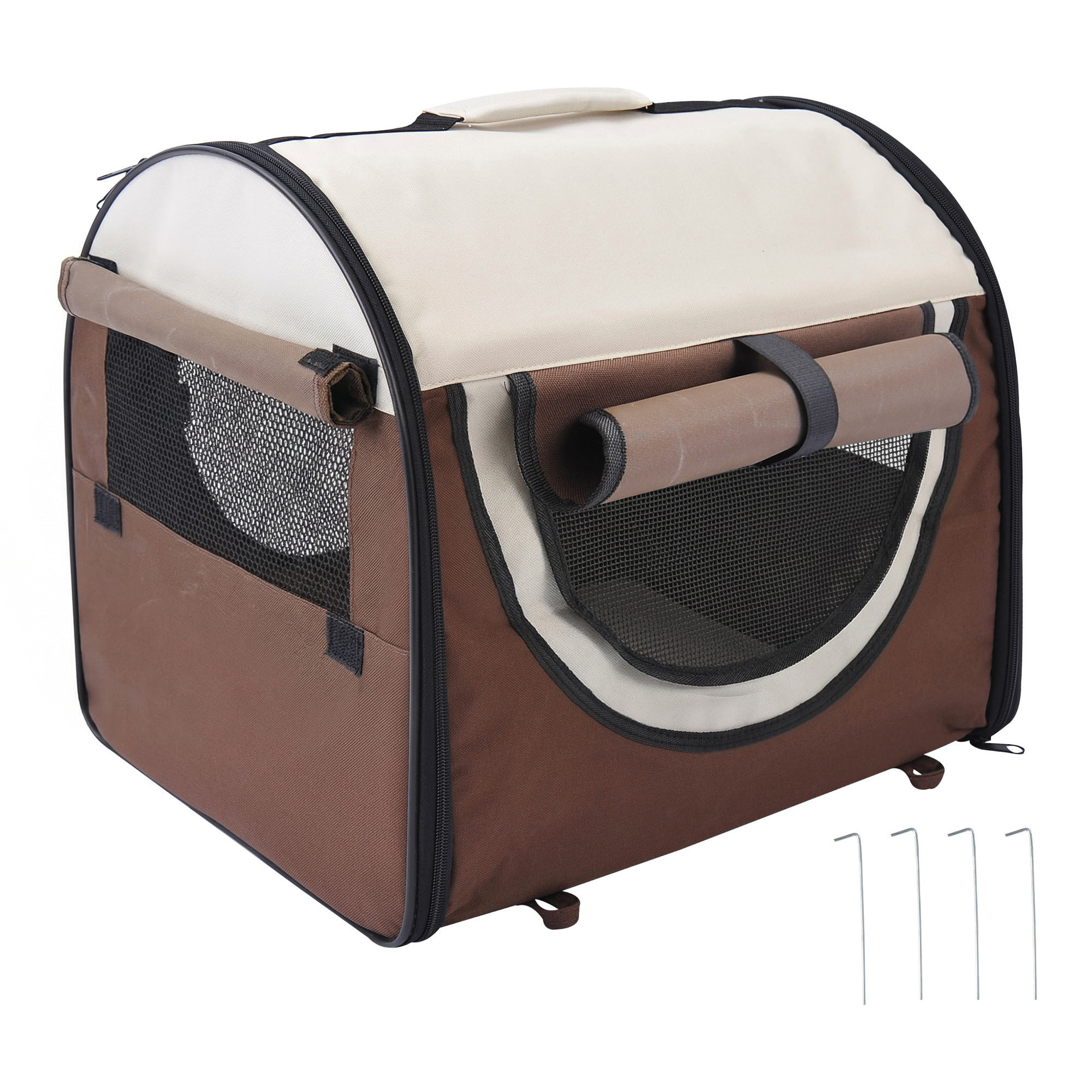 Transportín para Perros y Gatos Plegable, 46x36x41 cm, Transportín para Mascotas con Cojín Lavable, Ventanas de Malla, Estacas, para Perros Miniaturas, Marrón