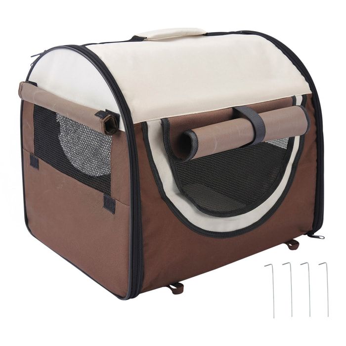 Transportín para Perros y Gatos Plegable, 46x36x41 cm, Transportín para Mascotas con Cojín Lavable, Ventanas de Malla, Estacas, para Perros Miniaturas, Marrón