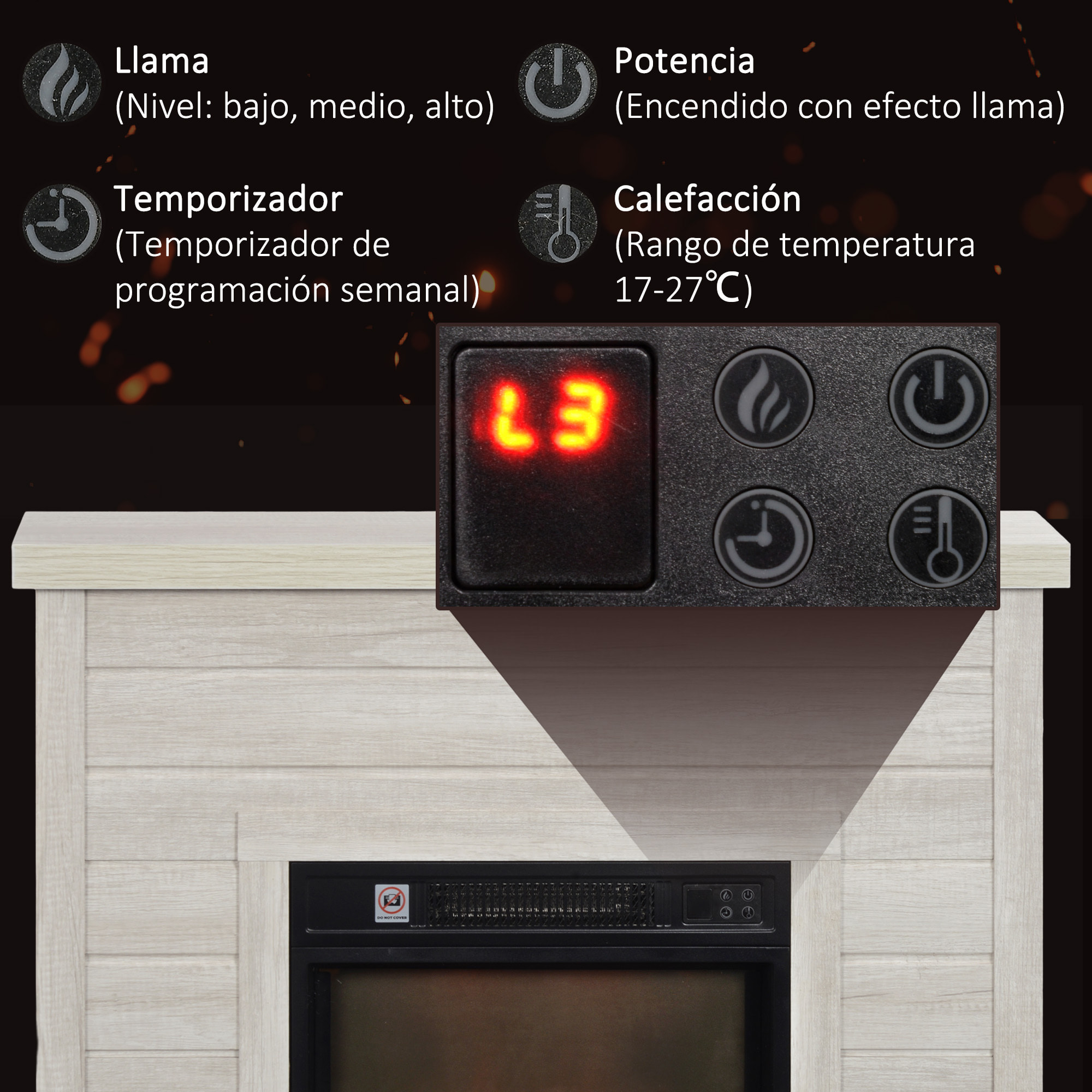 Chimenea Eléctrica 1800W Chimenea Decorativa con Efecto de Llama Mando a Distancia Temporizador Semanal Protección Contra Sobrecalentamiento para Sala 30 m² Gris Claro