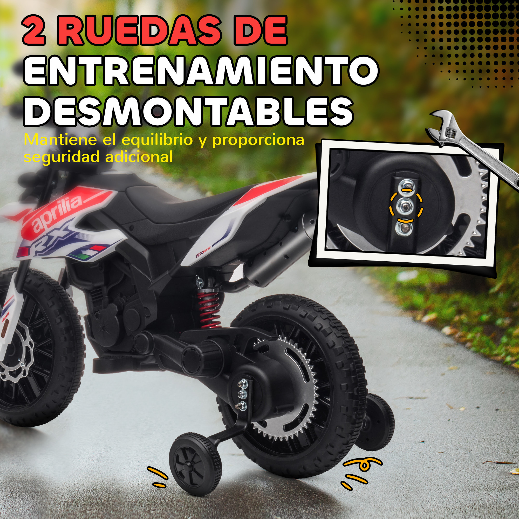 Moto Eléctrica para Niños 12V con Licencia Aprilia, Moto Eléctrica Infantil con Ruedas Auxiliares Desmontables, 6 km/h, Suspensión Trasera, Faro, Música y USB, para Niños 37-96 Meses, Blanco